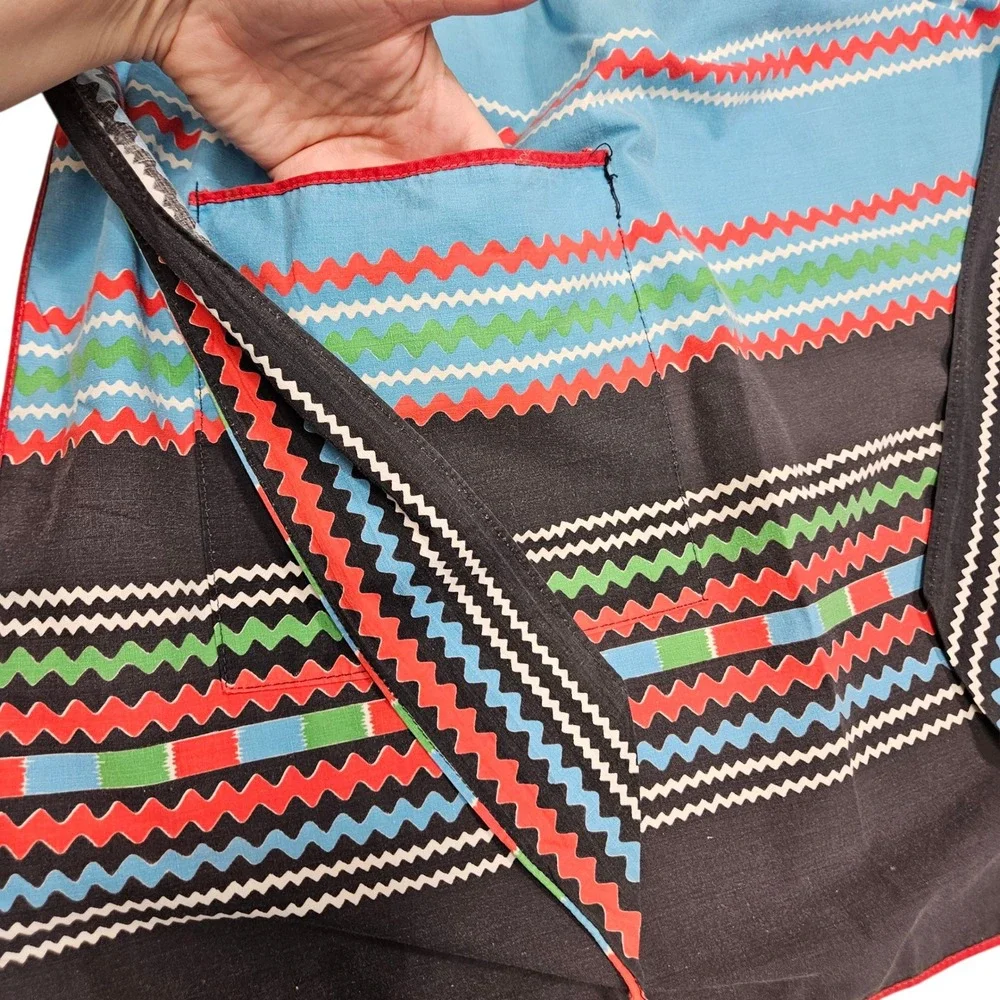 Vintage‎ Half Apron Black Blue Novelty Zig Zag Stripe Pocket Kitchen Baking Trad
